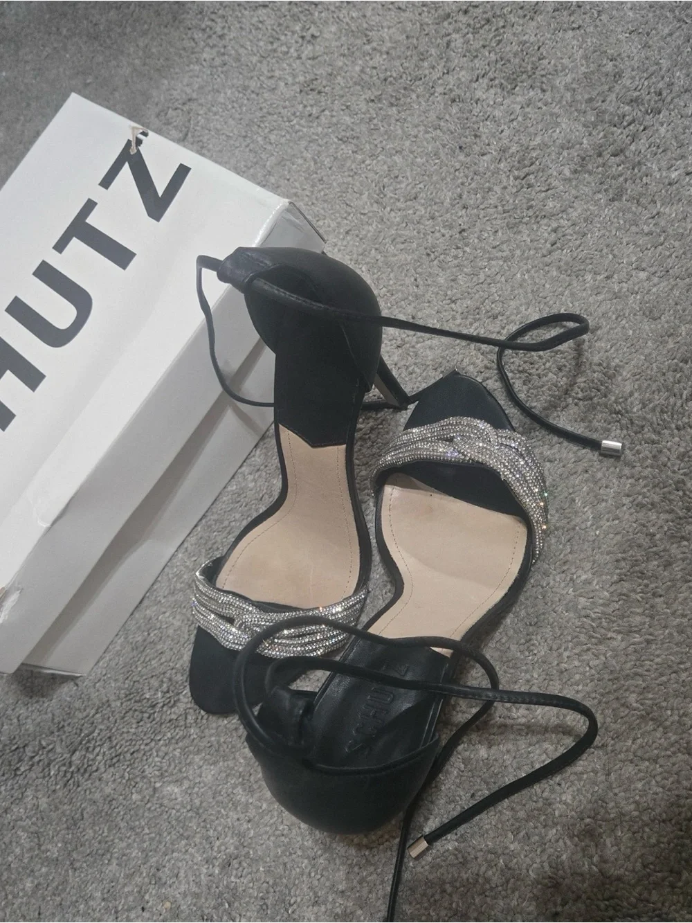 SCHUTZ Black Bejeweled Lace-Up Heels